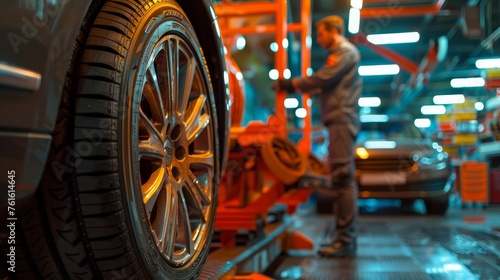 Automotive mechanics and luxury car tire changes in a high-tech service area. © Riz