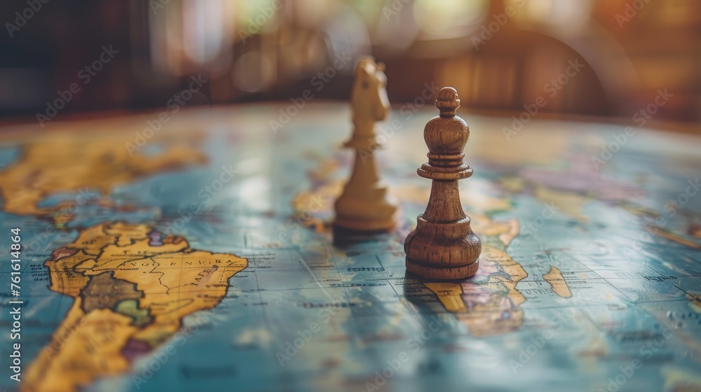 Wooden chess pieces positioned on a world map, suggesting strategic moves in a global context. - obrazy, fototapety, plakaty 