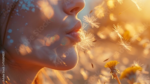 A close-up shot of a women blowing dandelion seeds into the air, with the seeds captured in mid-flight.
