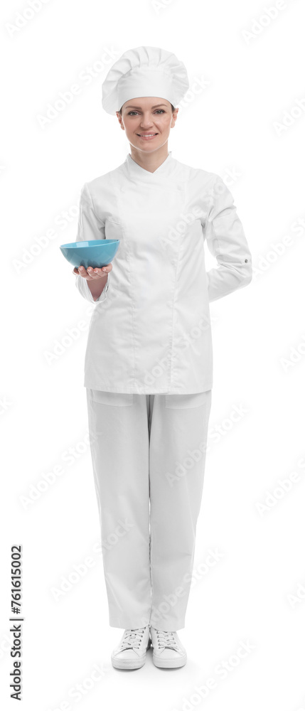 Happy woman chef in uniform holding bowl on white background