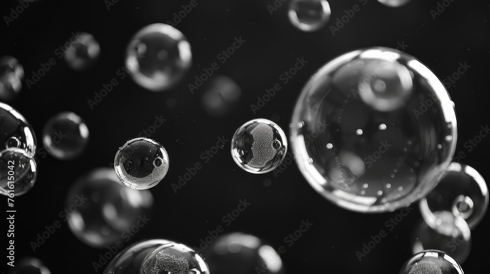 black and white photograph captures the subtle beauty of bubbles, their surfaces detailed with tiny condensation droplets, floating weightlessly in a tranquil dance. black and white photograph captures the subtle beauty of bubbles, their surfaces detailed with tiny condensation droplets, floating weightlessly in a tranquil dance.
