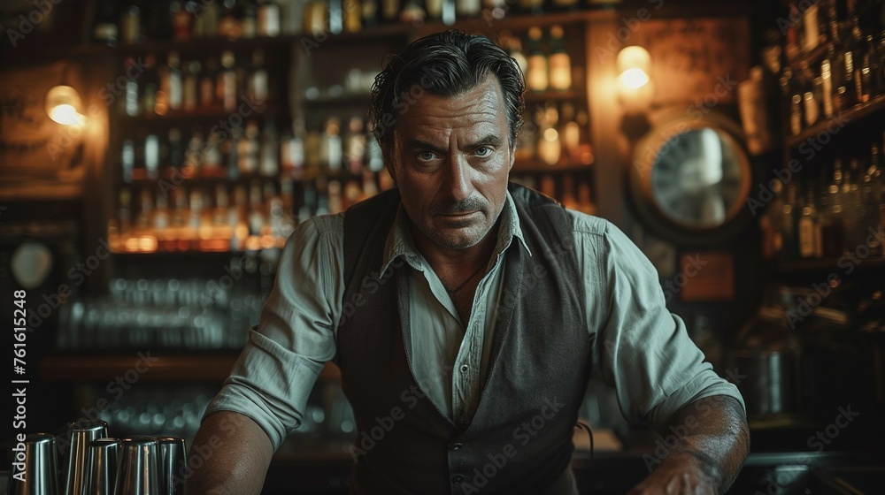 Dramatic Bartender in Moody Speakeasy, generative ai Dramatic Bartender in Moody Speakeasy, generative ai