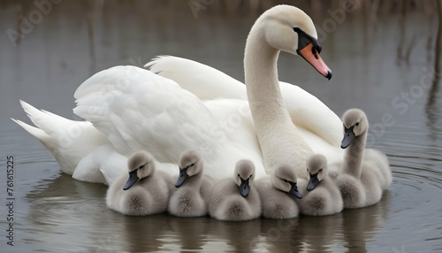 A Swan With Its Cygnets Nestled In Its Feathers K