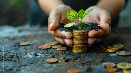 Hands nurturing a young plant growing on a stack of coins against a blurred natural background, representing financial growth and investment.