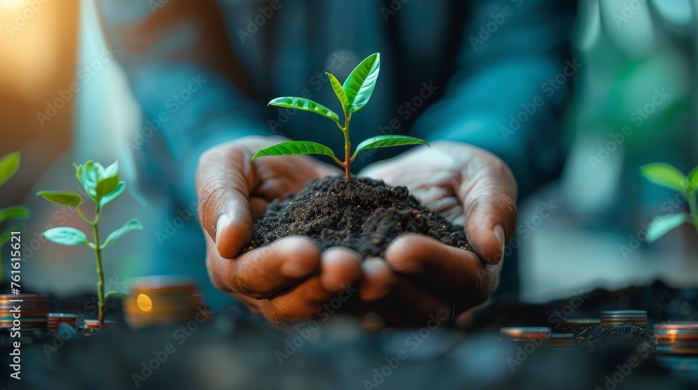 Naklejka premium Human hands holding a thriving young plant over soil with scattered coins, illustrating the concept of investment and economic growth.