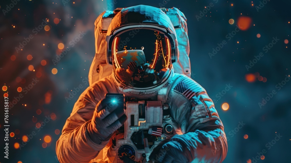 Astronaut, man floating in space play with smartphone first person view - obrazy, fototapety, plakaty 
