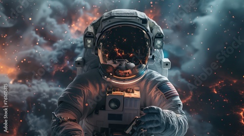 Astronaut, man floating in space play with smartphone first person view