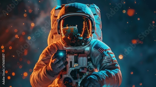 Astronaut, man floating in space play with smartphone first person view