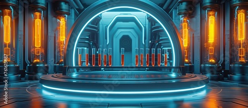 Futuristic Laboratory Stage with Glowing Test Tubes in a Rendering