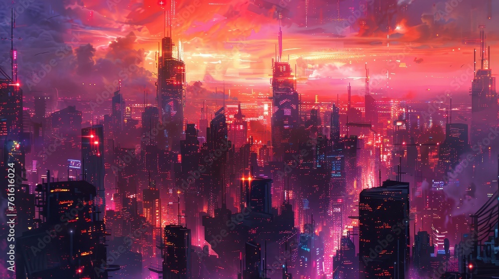 A mesmerizing cityscape bathed in neon pink and deep blues, highlighting the futuristic architecture under a twilight sky.