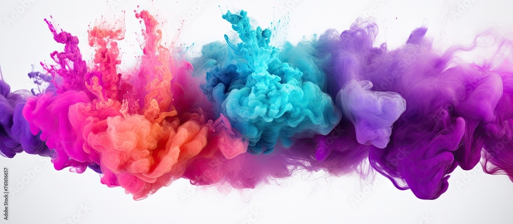 A mesmerizing display of magenta, pink, purple, and electric blue smoke emerges from a bottle on a white background, creating a stunning art pattern A mesmerizing display of magenta, pink, purple, and electric blue smoke emerges from a bottle on a white background, creating a stunning art pattern