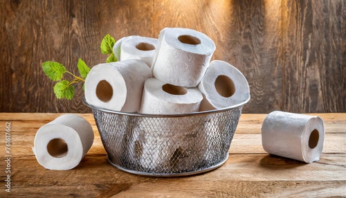 Soft toilet paper rolls in metal basket on wooden table, closeup. high quality photo