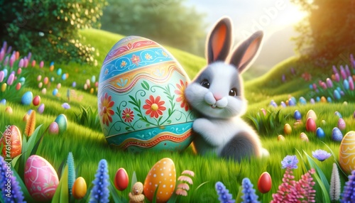 Easter Bunny is holding an Easter egg in a field. The scene is bright and cheerful, with a sunny day and colorful flowers in the background