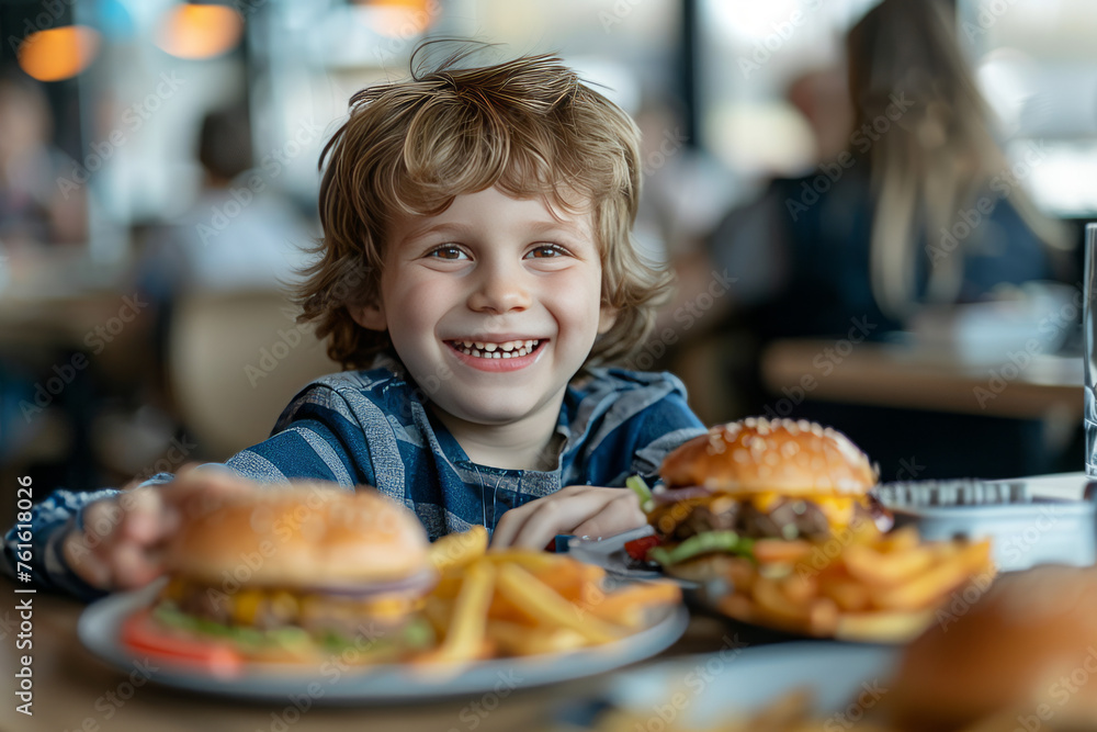 Happy boy, restaurant table, many plates with different fast food on the table. Food court. Unhealthy food concept. Happy boy, restaurant table, many plates with different fast food on the table. Food court. Unhealthy food concept.