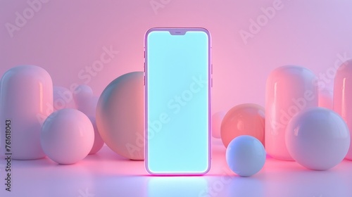 Pastel Palette: 3D Rendered iPhone Mockup with Glowing Spheres and Abstract Shapes