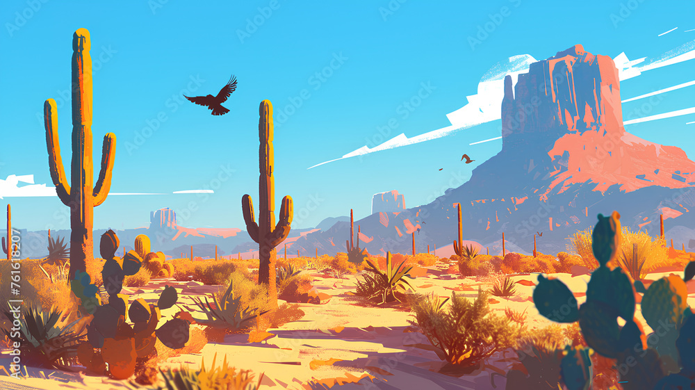 desert with cactus, beautiful colorful landscape