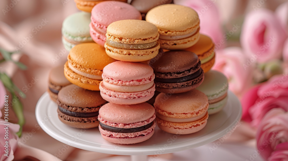 Stack of colorful macarons on a plate with flowers Stack of colorful macarons on a plate with flowers