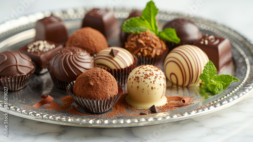 Assorted chocolates on a silver plate
