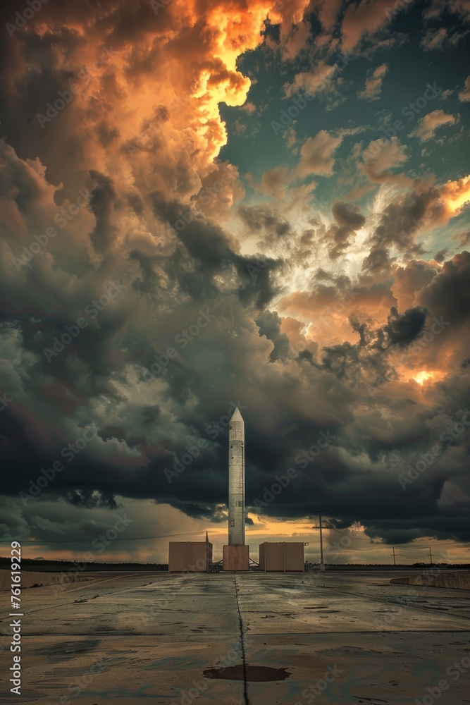 missile testing facility at dawn, with ominous clouds overhead and technicians conducting final checks before a launch
