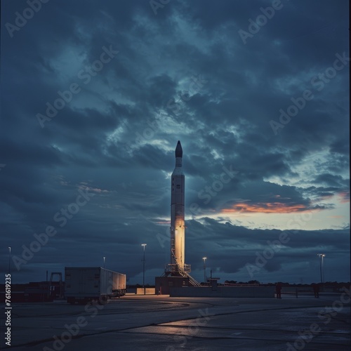 missile testing facility at dawn, with ominous clouds overhead and technicians conducting final checks before a launch 