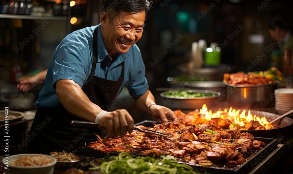 Man in Blue Shirt Cooking Food on Grill