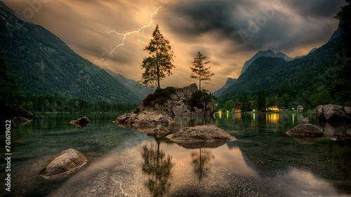 Fototapeta Naklejka Na Ścianę i Meble -  Iridescent Majesty: The Enigmatic Dance of Lightning Illuminating the Serenity of a Pristine Lake