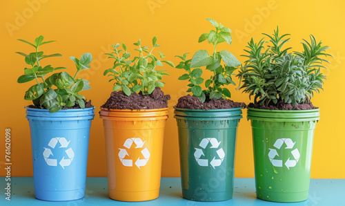 Four colorful recycling bins repurposed as plant pots with various herbs, against a vibrant yellow background. Recycling and urban gardening, promoting environmental sustainability.
