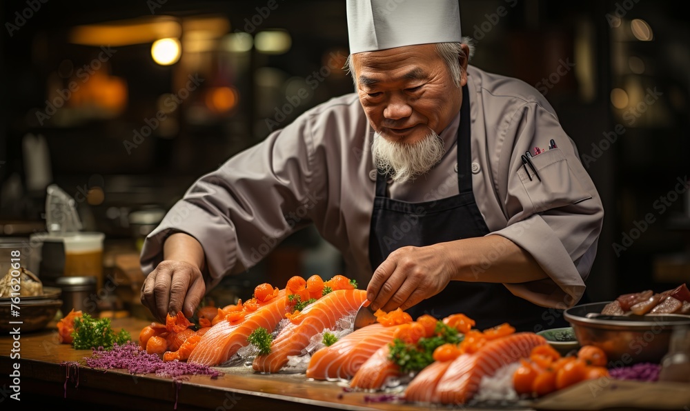Chef in Chefs Hat Preparing Sushi