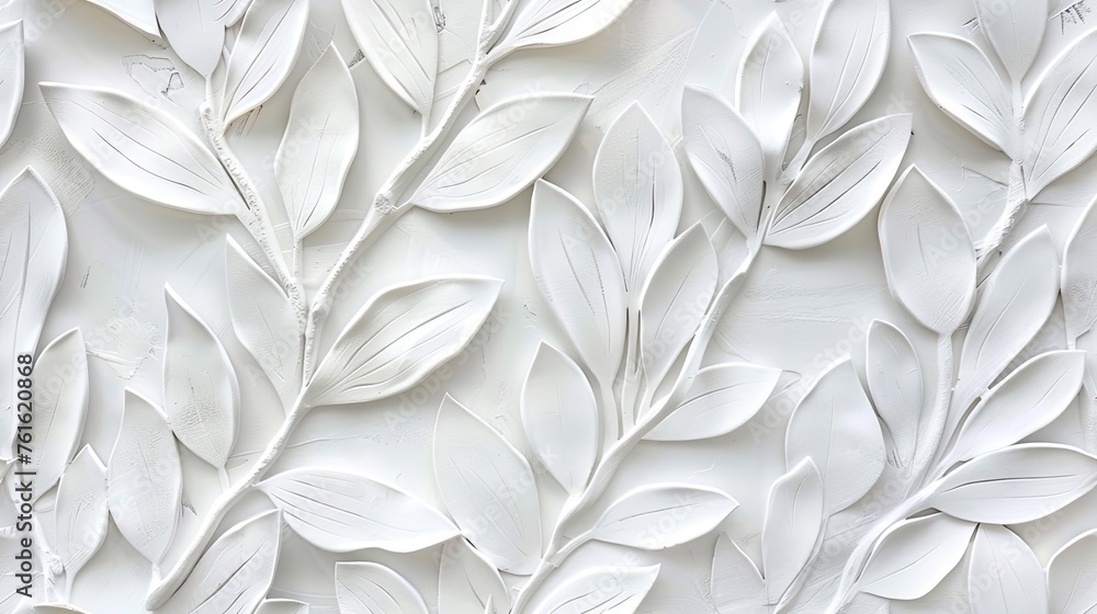 a white, simple modern design with subtle, minimalist botanical relief in a textured art piece made of plaster, forming a seamless pattern. SEAMLESS PATTERN a white, simple modern design with subtle, minimalist botanical relief in a textured art piece made of plaster, forming a seamless pattern. SEAMLESS PATTERN