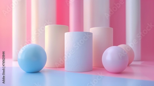 Pastel Cylinders and Spheres in Minimalistic 3D Render Against a Soft Striped Backdrop