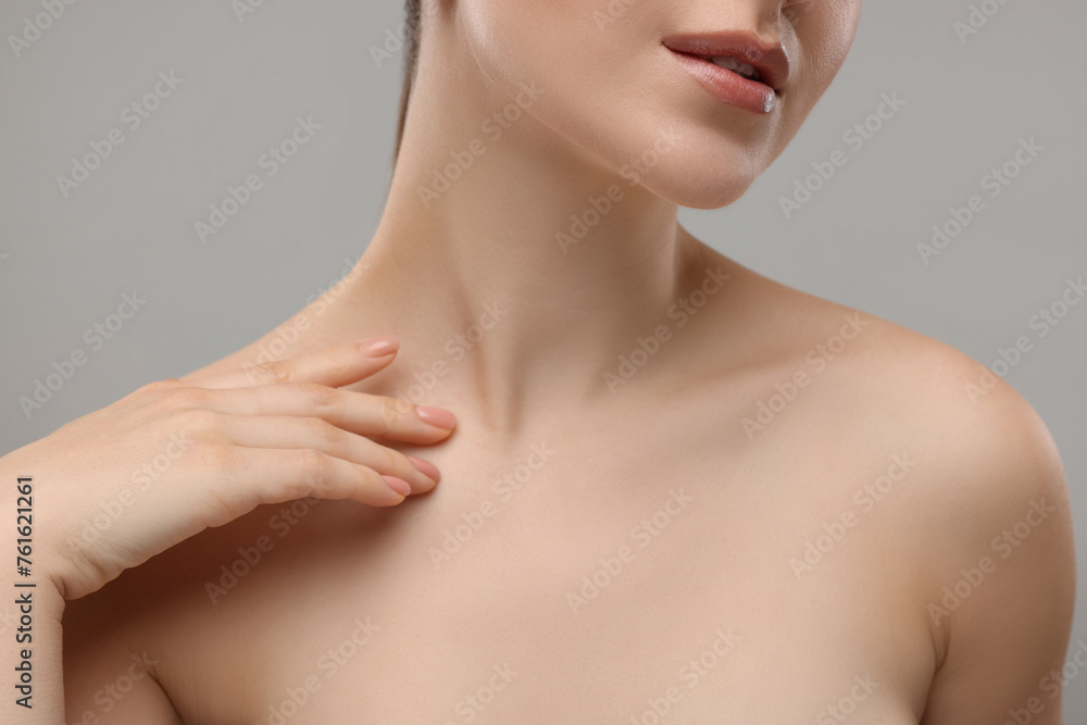 Fototapeta premium Beauty concept. Woman on grey background, closeup