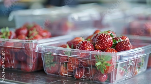 plastic container filled with fresh, ripe strawberries. 