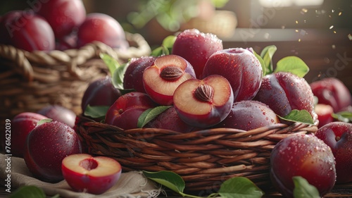 Basket of fresh, ripe plums. photo