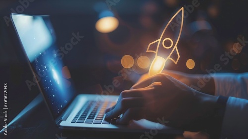 Concept for new business, entrepreneur use laptop show of rocket icon virtual screen for new business grow up. Neon rocket icon, Man using laptop computer at office background with copy space