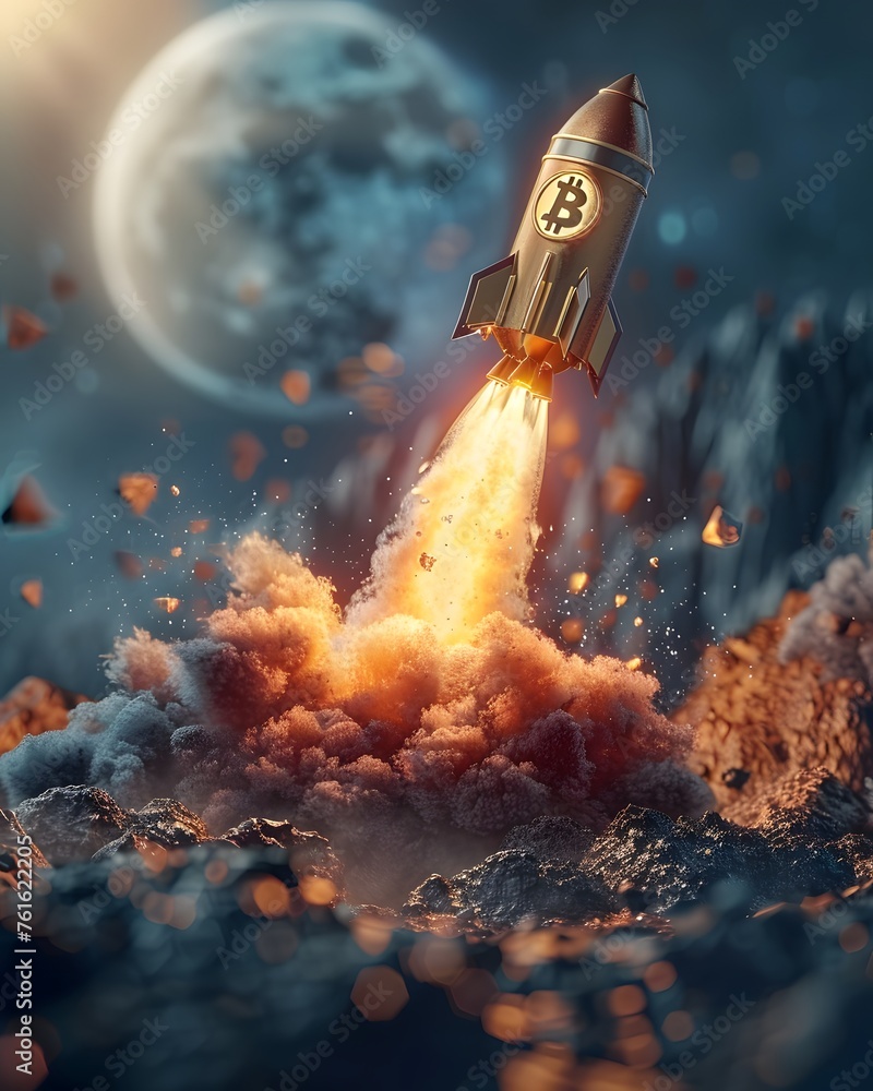 Bitcoin growth concept. bitcoin rocket flies to the top