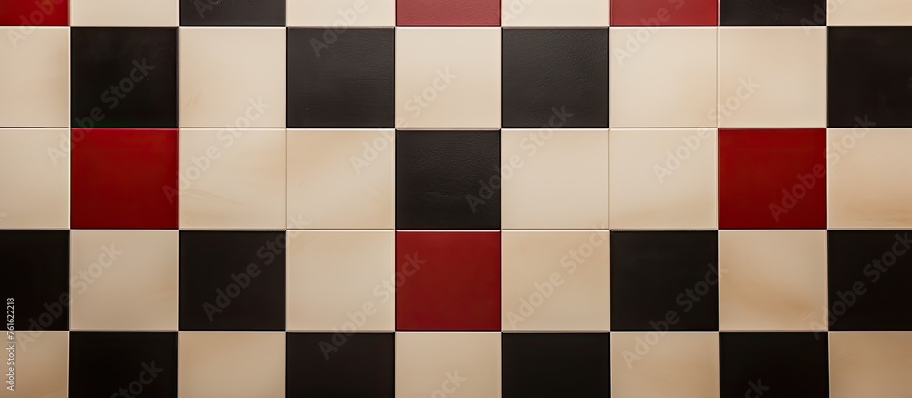 A close up of a brown rectangular tile wall with a black and white checkered pattern, showcasing symmetry and tints of magenta and electric blue A close up of a brown rectangular tile wall with a black and white checkered pattern, showcasing symmetry and tints of magenta and electric blue