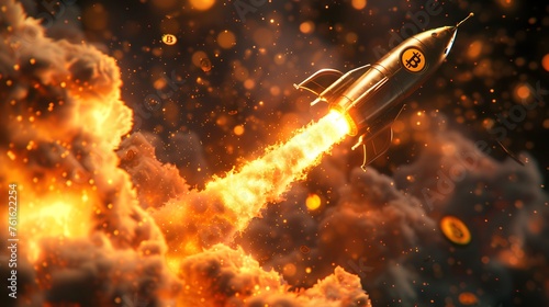 Bitcoin growth concept. bitcoin rocket flies to the top
