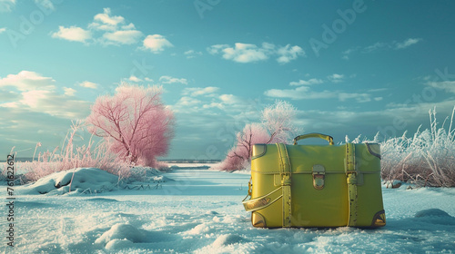 Against the tranquil beauty of a winter landscape, a makeup artist's chartreuse cosmetic bag adds a burst of energy next to a delicate pink suitcase, signaling the start of a creative journey. photo
