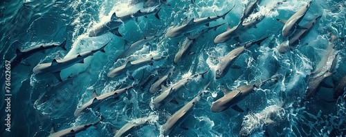 Aerial view of a dense swarm of spinner sharks in the Atlantic Ocean