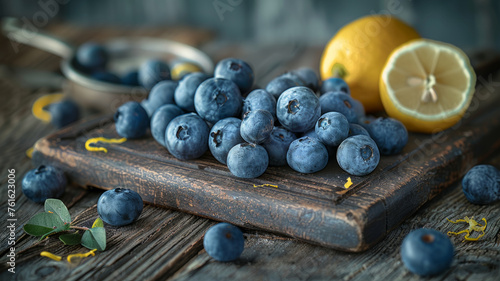 Fresh blueberries and lemon on wooden board