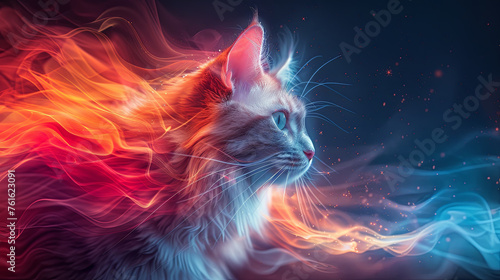 A cat's profile is artistically adorned with a mane of flames and ice, symbolizing a fusion of fire and frost in a mystical setting. © dragonflypor9