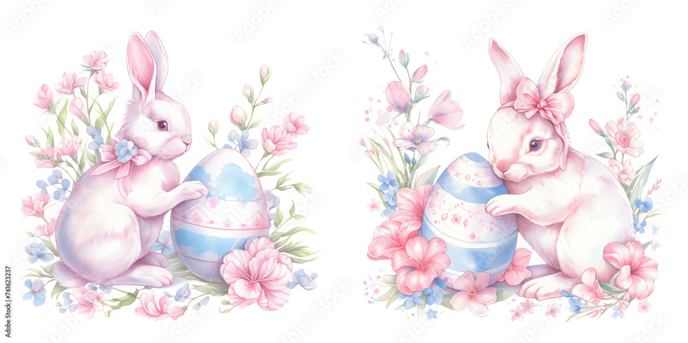 Set with Easter bunny with Easter egg in meadow with spring wildflowers. Watercolor illustration isolated on white background. Happy easter concept. Element design with pet animal. Set with Easter bunny with Easter egg in meadow with spring wildflowers. Watercolor illustration isolated on white background. Happy easter concept. Element design with pet animal.