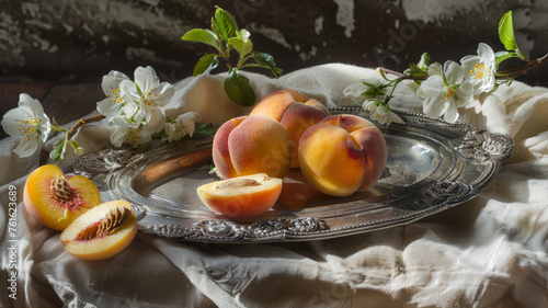 A still life of peaches on a silver platter