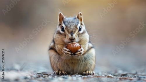 A cute little chipmunk holds a hazelnut in its paws, in the wild. © Нина Башарова