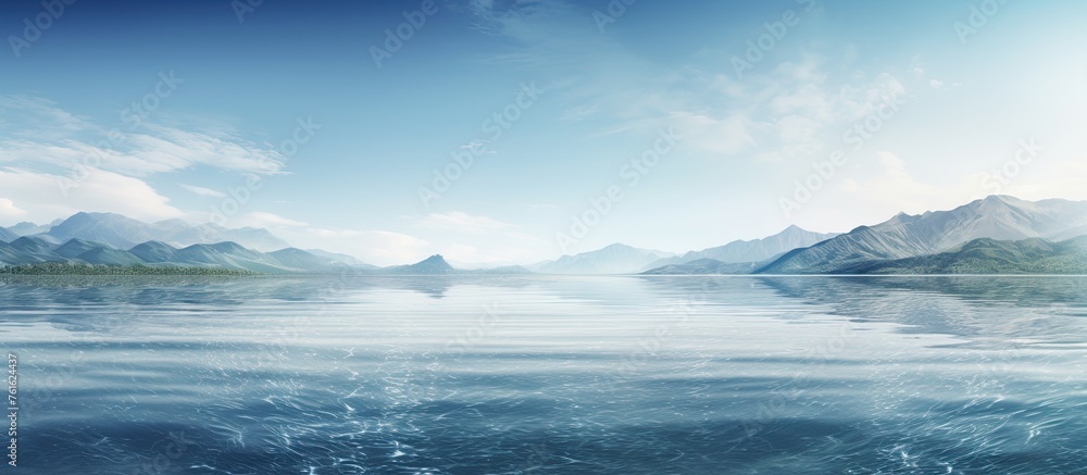 A tranquil lake surrounded by towering mountains with a vibrant blue sky overhead. Fluffy cumulus clouds float lazily on the breeze, creating a picturesque natural landscape