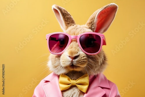Funny bunny wearing pink sunglasses and pink shirt on yellow background.