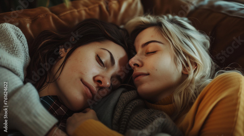 Two women cuddling and sleeping on a couch.