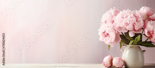 A flower vase on the table contains a beautiful arrangement of pink flowers, showcasing their vibrant petals and delicate blossoms