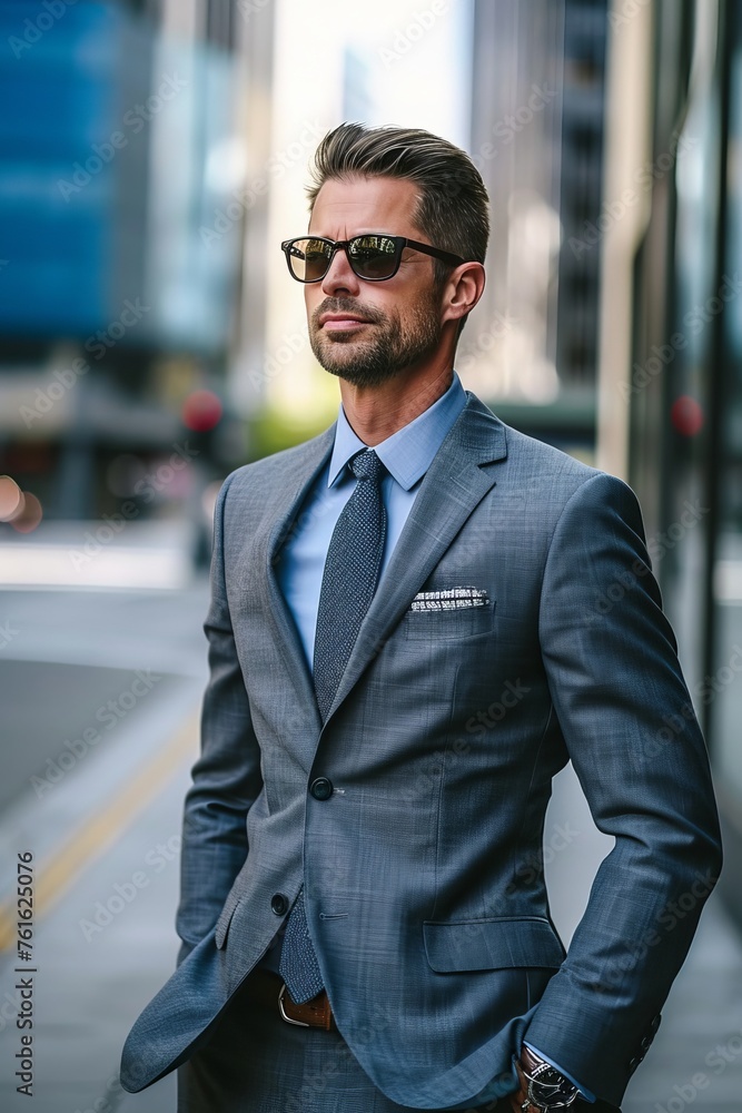 A male finance expert photographed in a financial district projecting a blend of sophistication and pragmatism representing astute financial acumen AI generated illustration A male finance expert photographed in a financial district projecting a blend of sophistication and pragmatism representing astute financial acumen AI generated illustration
