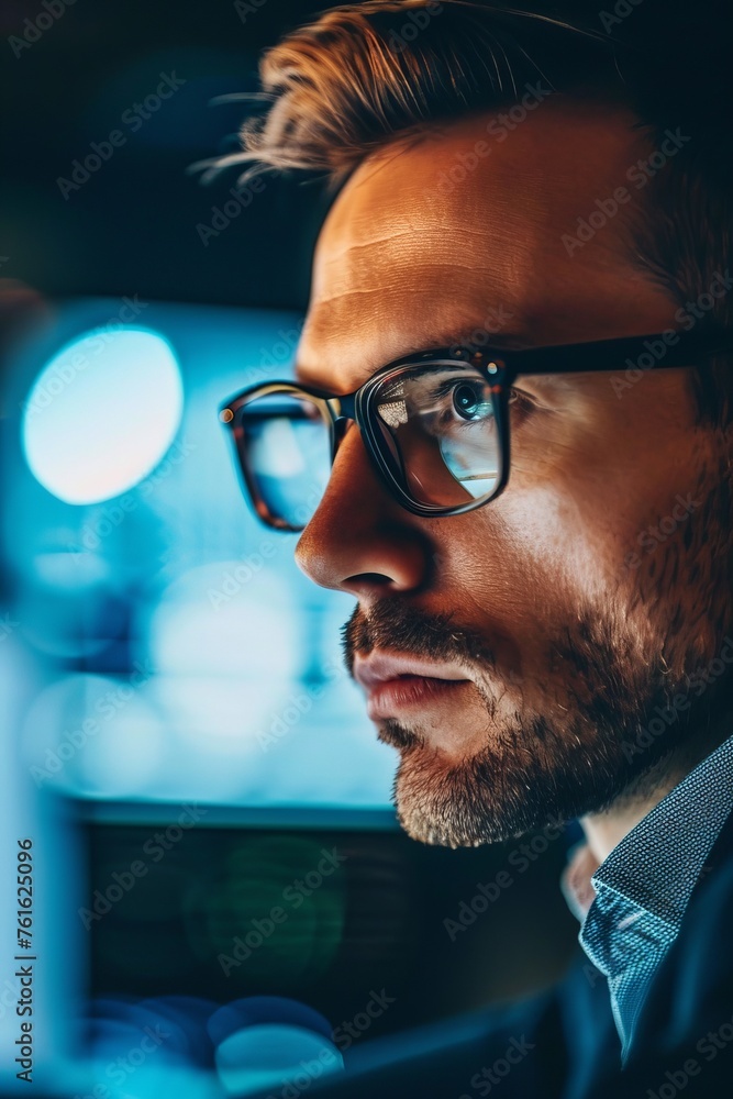 A male financial analyst captured in a data-driven scenario evincing precision and analytical thinking symbolizing expertise in finance AI generated illustration A male financial analyst captured in a data-driven scenario evincing precision and analytical thinking symbolizing expertise in finance AI generated illustration